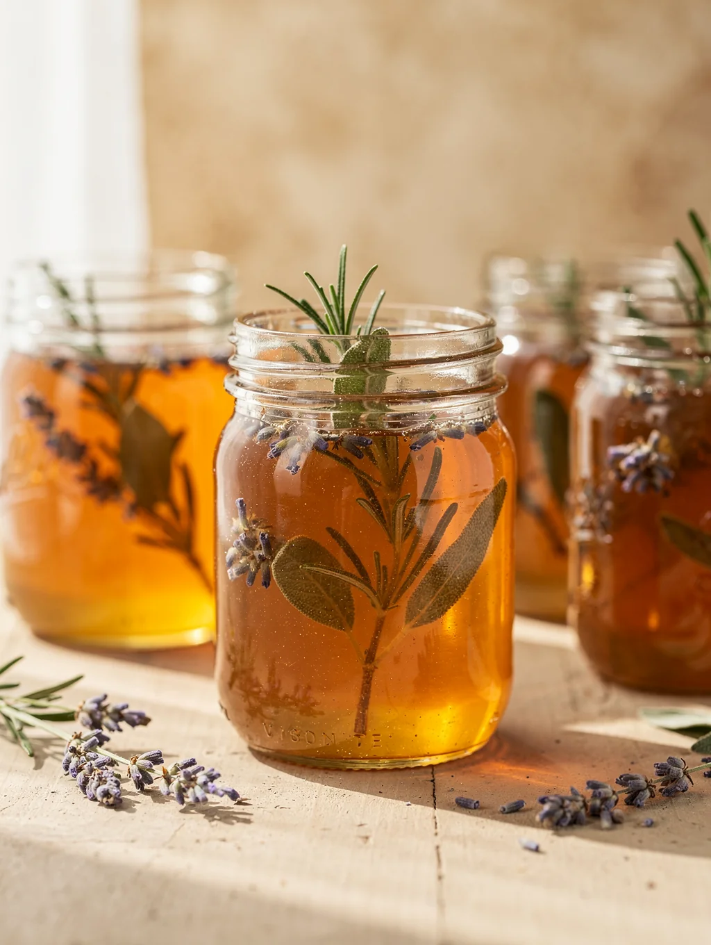 Glass jars of raw honey and fruit preserves on a linen cloth